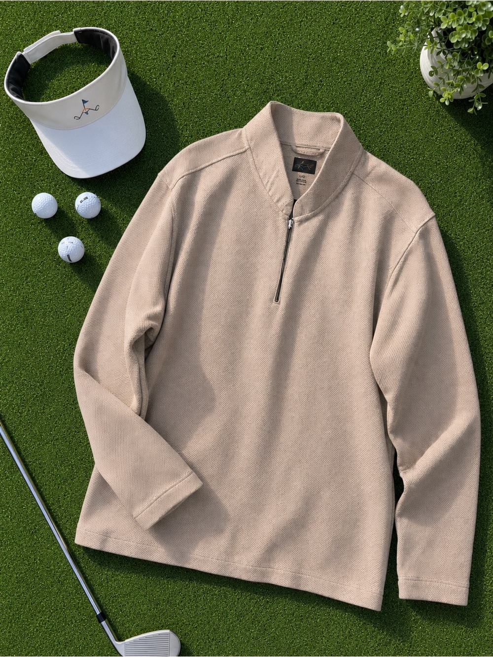 ⛳️Greg Norman Men’s Quarter Zip Pullover Beige Textured Golf Sweater L NWT⛳️